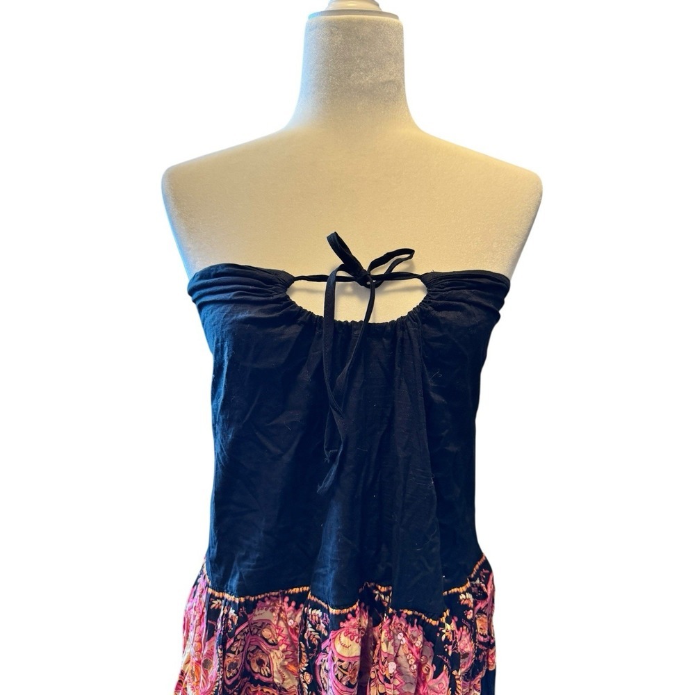 Angie Boho Strapless‎ Dress Black Pink Paisley Tiered Cotton Festival Tube Top M - Picture 5 of 10